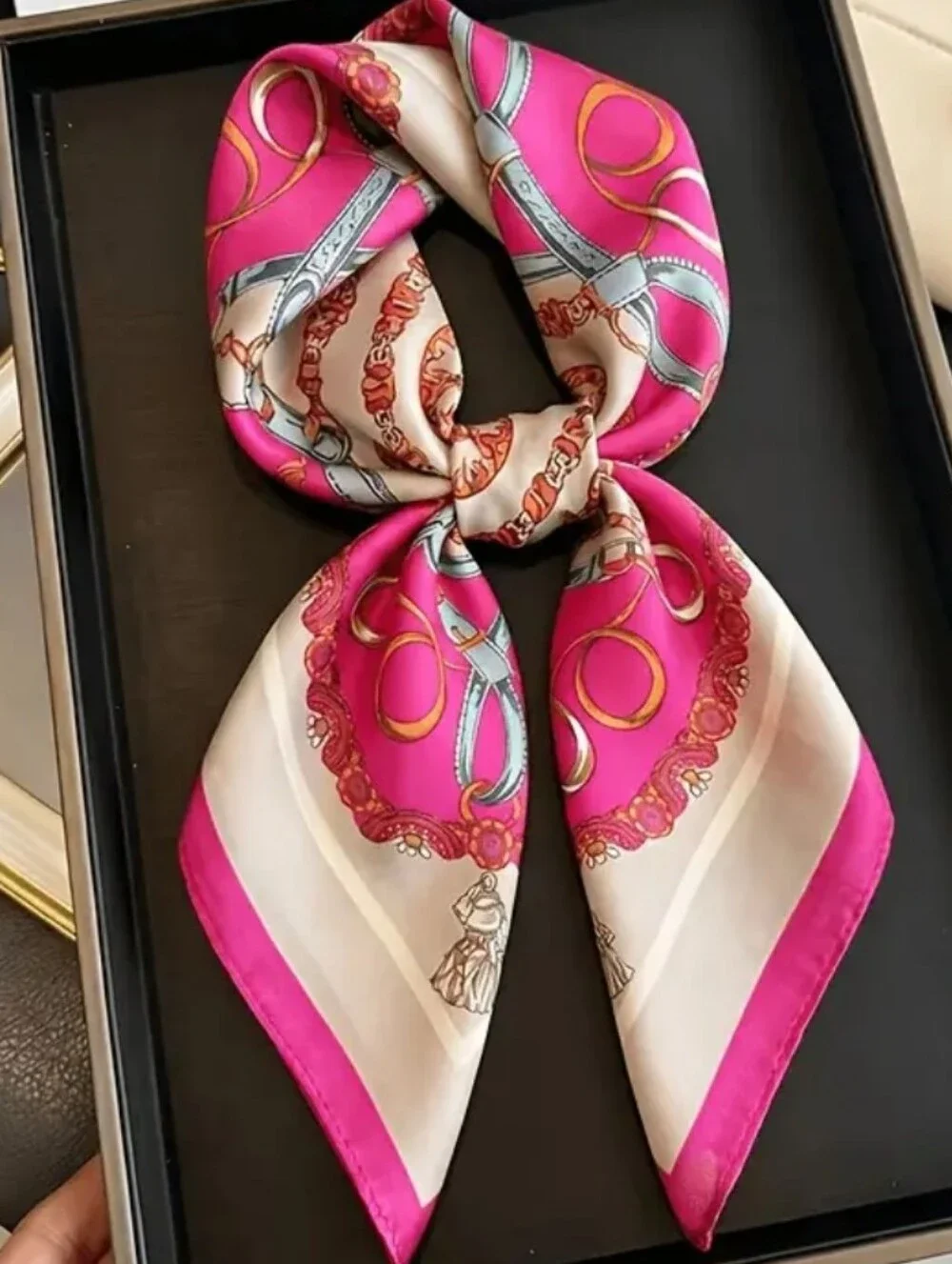 Silk-Feel Pink Chain Print Neck Scarf, Head Scarf